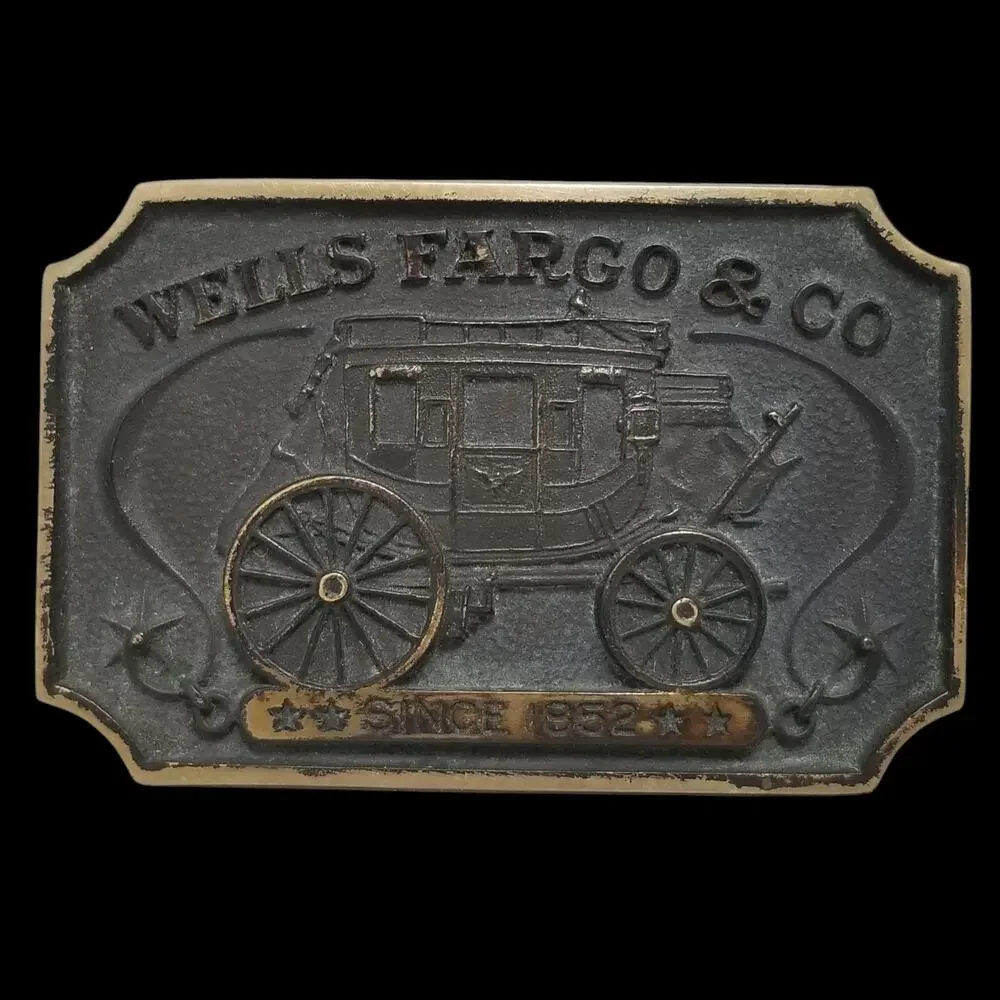 Vintage Belt Buckle 1975 Solid Brass Wells Fargo & Co Bank W/ Owner Registration
